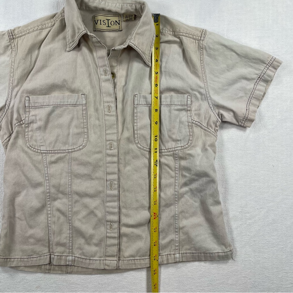 Vintage Beige Short-Sleeve cropped Button-Up Shirt minimalist natural - Picture 6 of 7